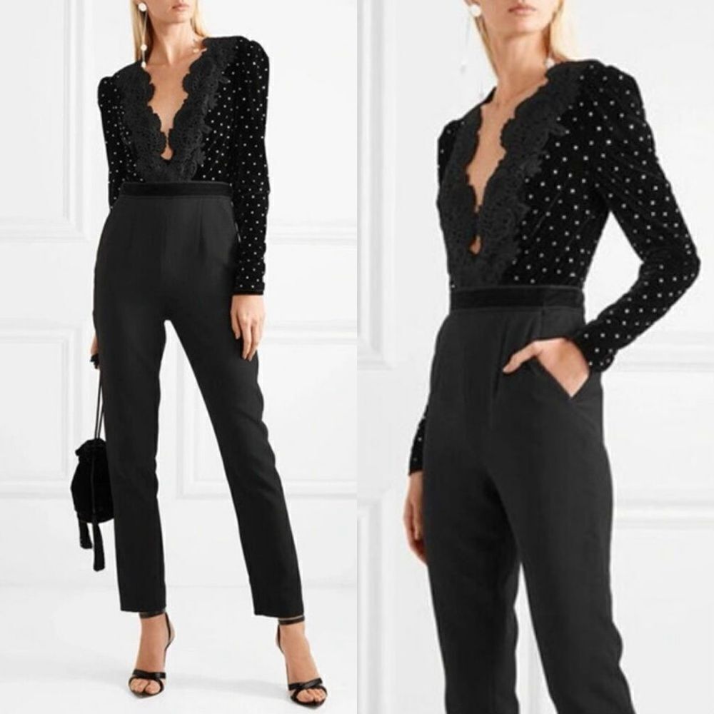 Self Portrait Guipure Black Jumpsuit Lace Trimmed Embellished Size 4